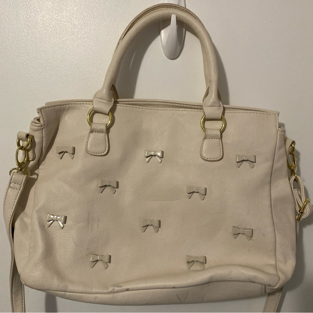 Betsey Johnson Cream Satchel with Metal Bow Details